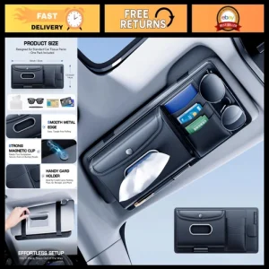 Leather Car Visor Organizer with Tissue Holder, Card & Sunglasses Clip - Auto Ac
